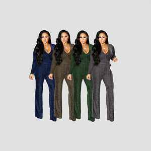 Mono elegante de moda para mujer, superventas, de otoño, liso, casual, con cuello en V, botones, fajas, diseño hueco y tela con hilo dorado y plateado - Product Image 3