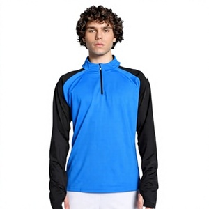 Pull sportif pour homme bleu et noir à manches raglan, demi-zip, séchage rapide, tricoté, manches longues, col montant, coupe classique, haut de printemps - Product Image 3
