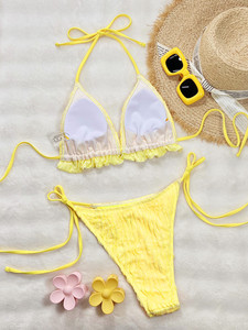 Nouveau maillot de bain deux pièces pour femme, couleur unie, à volants, col rond, avec laçage et logo à la taille - Product Image 4