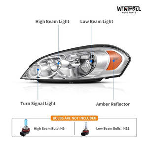 Ensemble de phares 12V 55W Neuf 2006-2016 Chevy Impala & Monte Carlo Boîtier chromé Réflecteur ambre Lentille transparente - Product Image 2