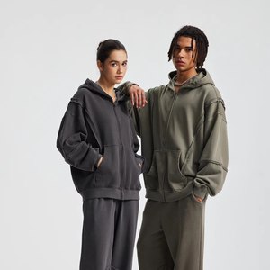 Sudadera con capucha unisex de otoño-invierno, con paneles de forro polar, efecto desgastado, cremallera, teñido en prenda, lavado, venta al por mayor, logotipo personalizado, color, 100% algodón - Product Image 4