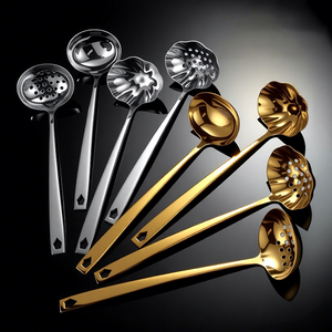 Juego de cucharones y espumaderas comerciales de acero inoxidable 304 dorado, espesados, con mango largo y ranurados, para restaurante y cocina - Product Image 1