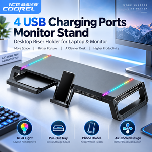 Computer <b>Monitor</b> <b>Stand</b> with 4 USB Ports RGB Lights Foldable Desktop Riser for Laptop Notebook Up to 19 Inch - Product Image 6