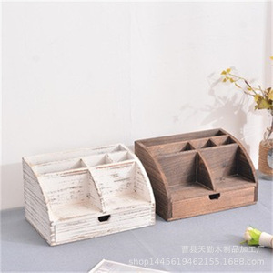 Wooden storage <b>box</b> for desktop organization, with pen holder, <b>small</b> drawer, two-layer storage cabinet, compartmentalized wooden - Product Image 3