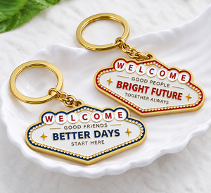 Porte-clés de luxe en alliage de zinc, forme irrégulière, impression UV, « Bienvenue, bons amis, meilleurs jours commencent ici », souvenir résistant à l'usure - Product Image 3