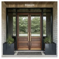 Porte d'entrée moderne en bois massif ignifuge avec insert en verre et lumière latérale pour villa