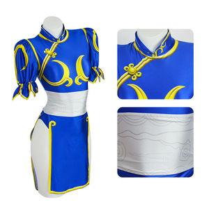 Anime azul Cheongsam vestido cinturón tocado con mujeres juegos <span class=keywords><strong>Chun</strong></span> <span class=keywords><strong>Li</strong></span> Cosplay disfraces Halloween fiesta Sutorito Faita Niñas Ropa - Product Image 3
