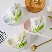 Mug en céramique vintage de luxe léger, motif floral iris et camélia, grande capacité, écologique, compatible lave-vaisselle, avec logo personnalisé et paille