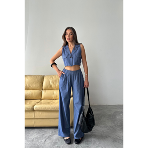 Ensemble Tencel Femme : Haut Court Sans Manches et Pantalon Indigo Taille XS/XL – Style Club Estival, Longueur Courte, Logo - Product Image 2