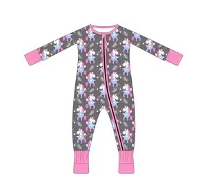95% bamboo+5% spandex Unicorn animal pattern zipper outfit kids set toddler designer clothing
