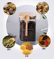 Vente en gros de pots en verre borosilicate transparent de qualité supérieure, carrés, avec couvercle en bambou et cuillère, hermétiques, pour le stockage d'épices, de sel, de bonbons, de noix