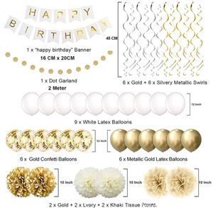 Emas & putih baby shower satu Pesta Ulang Tahun Balon metalik bunting pinggiran tirai rumbai Pom Pom Swirl topper kue dekorasi bendera - Product Image 6