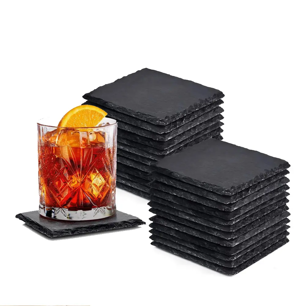 थोक काले गैर पर्ची पेय स्लेट पत्थर थोक Coasters सेट धारक वर्ग दौर स्लेट Coasters के लिए धारक के साथ लेजर उत्कीर्णन