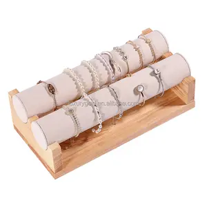 Hout Beige Stijlvolle Fluwelen Polshorloge Toren Organizer Haarband Armband Houder 3 Tier Rekken Sieraden Display