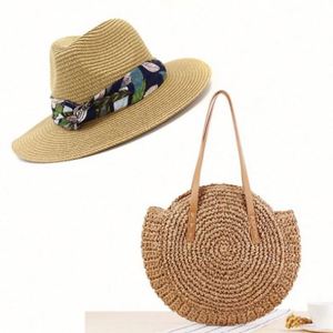 Conjunto de Sombrero Fedora de Paja Redondo con Lazo y Bolso de Paja, Sombreros de Paja Panamá Naturales para el Verano 2021, Sombrero de Playa para Mujer, Modelo KT-2850 - Product Image 4