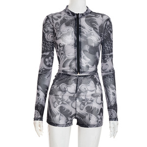G00038S 2025 Verano/otoño Gran oferta Trajes estampados para mujer Top de manga larga y pantalones cortos Conjuntos de 2 piezas - Product Image 6