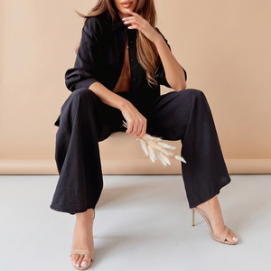 Ensemble décontracté pour femme en coton Oxford uni, avec chemise à manches longues boutonnée et pantalon large, style printemps-été - Product Image 3