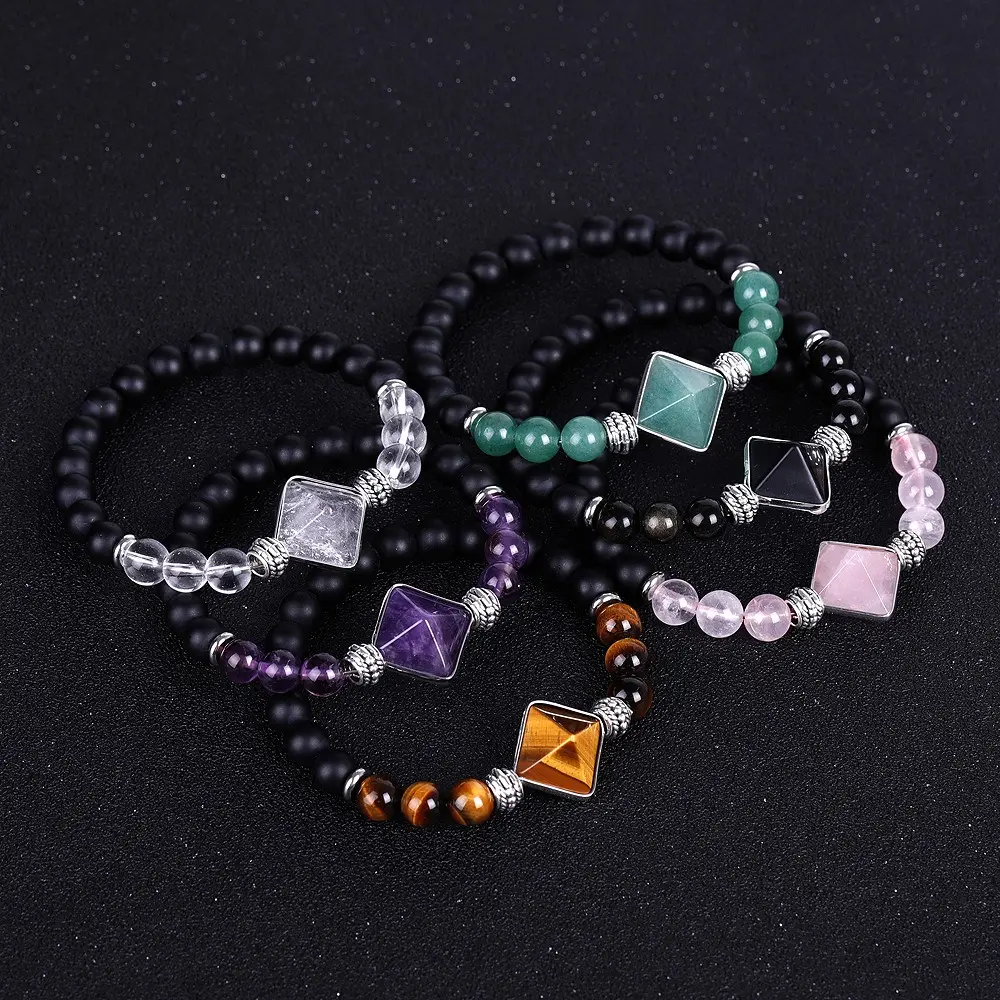 Desain baru penyembuhan cantik 8mm batu alam Amethyst Obsidian mata harimau kuarsa piramida keberuntungan Yoga jimat manik-manik batu alami gelang