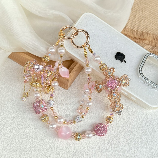 Custom Hand made Pink Crystal Cross Phone Charm Double Layer Pearl Beaded Phone Strap Fashion Ornament Key Chain For Gift