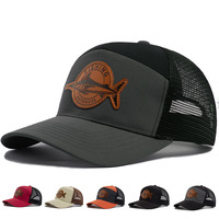 Gorra de béisbol de comercio exterior con visera curva para hombre, informal, de malla con patchwork, de 6 paneles, transpirable, con protección solar, con logo de tiburón, tipo trucker, para pesca