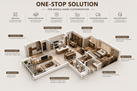 Meuble de cuisine modulaire sur mesure en forme de L, placage bois bicolore, rangement de cuisine moderne et minimaliste avec éclairage LED et plan de travail en quartz