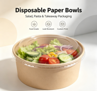 Kartonnen wegwerp saladekommen, rond, 500ml, voor afhaal, met eigen logo, geschikt voor salade, fruit en soep.