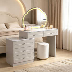 Full Cream <b>Vanity</b> Set Irregular Cloud LED Mirror Chest Hidden Handle Vertical Fluted Gold Base Stool Walk-in Closet Makeup Desk - Product Image 4