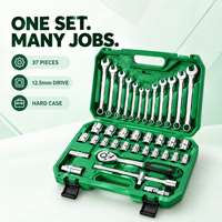 Kit d'outils d'entretien vert en coffret rigide, 37 pièces, avec clé à douille et cliquet de 1/2 pouce, pour rangement en atelier et sur étagères