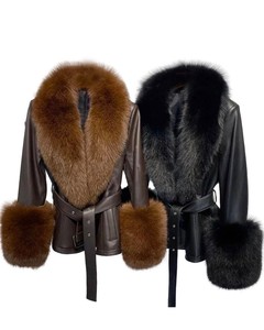 RX pellicce di <span class=keywords><strong>alta</strong></span> qualità <span class=keywords><strong>moda</strong></span> Outdoor da donna in vera pelle calda grande collo di pelliccia giacca di vera pelle con pelliccia di volpe - Product Image 1