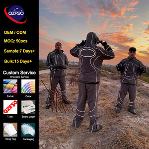 QZFSO Custom OEM Oversized Men Hooded Sweatsuit Streetwear Two Piece Set Zip Up Techwear Reflective Piping Nylon Tracksuit - Product Image 1