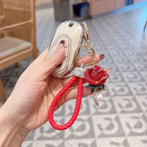Porte-clés rose luxueux incrusté de diamants, pendentif fleur, joli porte-clés de voiture, breloque de sac à main, accessoires pour femmes - Product Image 5