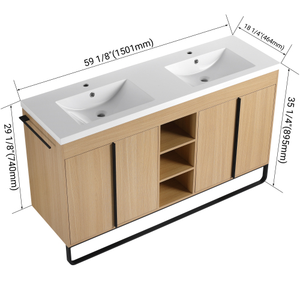 Meuble-lavabo autoportant de 60 po avec double vasque <span class=keywords><strong>en</strong></span> résine, 4 portes à fermeture amortie et 3 étagères ouvertes, emballage KD, contreplaqué - Product Image 6