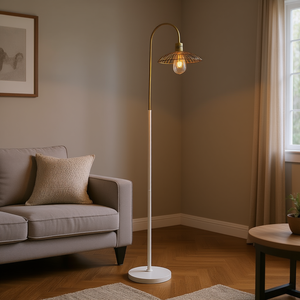 Lampe de sol industrielle pour ferme, 64,25 pouces, abat-jour en métal blanc mat doré, lumière LED douce et chaude, éclairage intérieur - Product Image 2