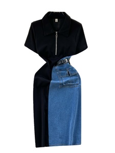 <span class=keywords><strong>Vestido</strong></span> de <span class=keywords><strong>mujer</strong></span> de verano 2026 nuevo estilo retro de mezclilla con bloques de color y empalmes, corte ajustado y manga corta, para venta al por mayor - Product Image 6