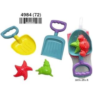 Set di 4 giocattoli da spiaggia Playa da 24 cm con pala, stampo e borsa a rete per bambini, per giocare con la sabbia - Product Image 1