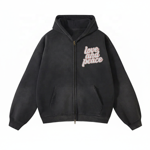 Blank Washed Cotton Hoodies Custom Oversized Distressed 3D Letters Embroidery Design Heavyweight Boxy Cropped Zip up Hoodies