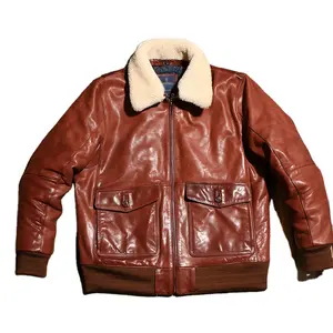 Flying leather jacket sheep fur collar genuine horsehide lapel jacket for men