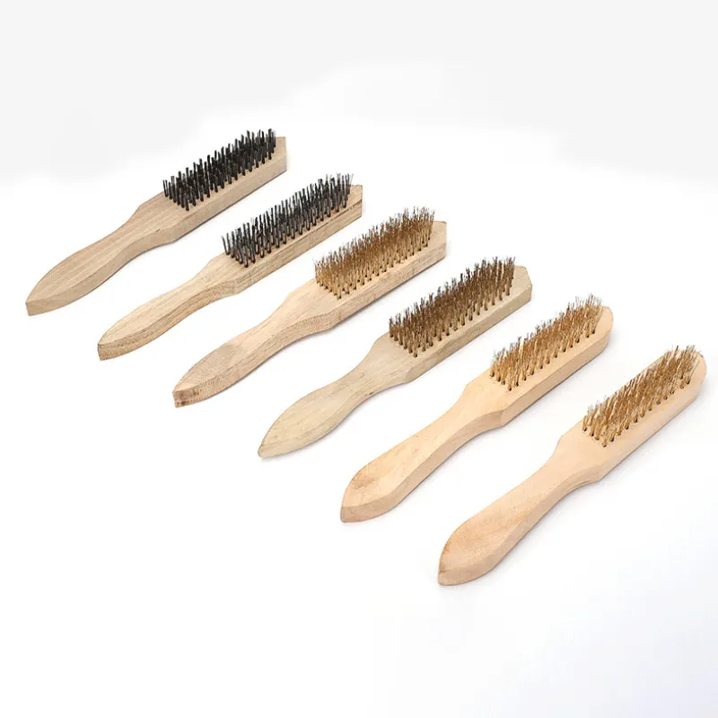Natural Custom Logo Wooden Long Handle Copper-Plated Steel Brush Cleaning Metal Surface Wire Brush With Rust Removal