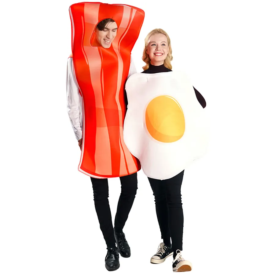 Halloween người lớn cặp vợ chồng luộc trứng thịt xông khói bên Masquerade bóng vui thực phẩm cosplay trang phục