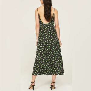 Abito Midi da Donna con Spalline Sottili in Chiffon Nero Verde Stampa Floreale, Arricciato Davanti, Vestibilità Regolare, Stile Dolce Casual Estivo, Vita Alta - Product Image 3