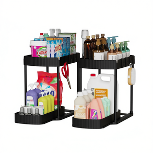 Organizador de almacenamiento extraíble negro, paquete de 2, 12.8 pulgadas, para baño, cocina, fregadero, multiusos, con 2 estantes - Product Image 1