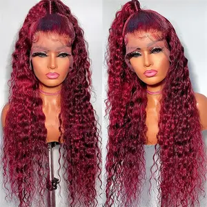 Burgundy Renda Wig Merah Keriting Renda Depan Wig Merah Gelap Gelombang Air Panjang Sintetis Renda Depan Wig Rambut Bayi Pra-pencabutan Garis Rambut