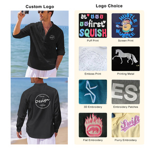 Camiseta de lino en blanco sólido con cuello Henrly y logotipo <span class=keywords><strong>bordado</strong></span> personalizado, camiseta de manga larga de lino y algodón de cáñamo blanco para hombre - Product Image 2