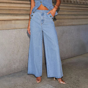 Chaleco de botón sin mangas directo de fábrica al por mayor Pantalones rectos sueltos logotipo personalizado <span class=keywords><strong>traje</strong></span> de <span class=keywords><strong>mujer</strong></span> de mezclilla - Product Image 2