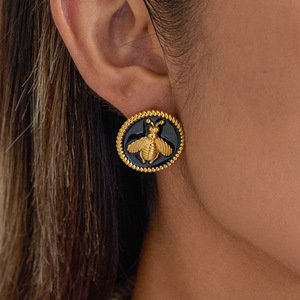 Pendientes de tuerca con diseño de abeja, chapados en oro negro, geométricos, redondos, para uso diario, joyería para mujer - Product Image 2