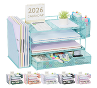 Organizador de Archivos de Escritorio de 4 Niveles con Cajón y 2 Portaplumas, Accesorios de Oficina, Organizador de Archivos, Organizador de Espacio de Trabajo, Gris