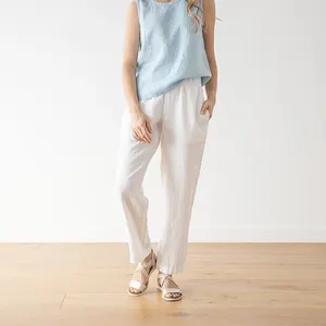 Calças femininas de linho natural personalizadas de cor pura, calças compridas de tecido branco com cintura elástica