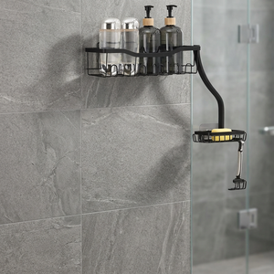 Étagère de douche murale à 2 niveaux en métal avec porte-savon et crochets pour rangement de shampoing, design minimaliste - Product Image 1