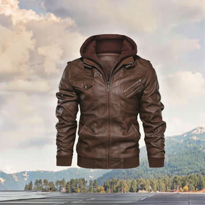 Otoño Invierno Vintage chaqueta de cuero para hombre Slim Stand Button con capucha PU Biker abrigo cremallera cálido tejido polar Casual para - Product Image 3