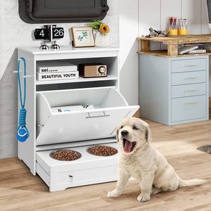 Dog Food Storage Container Double Pull Out Dog Bowls Pet Feeding Station Furniture